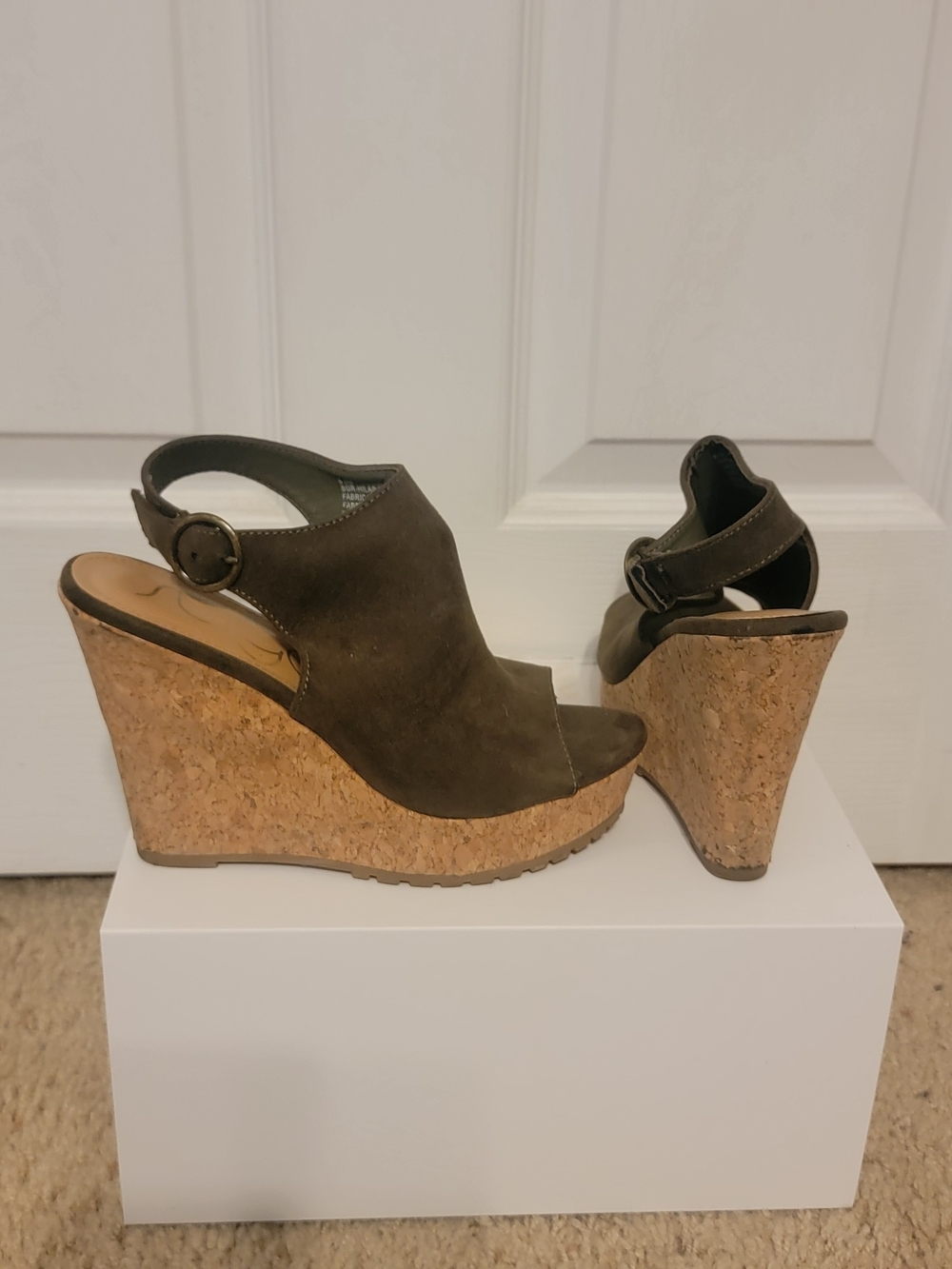 Olive Suede Cork Wedge Sandals - Women's Peep Toe Slingback
